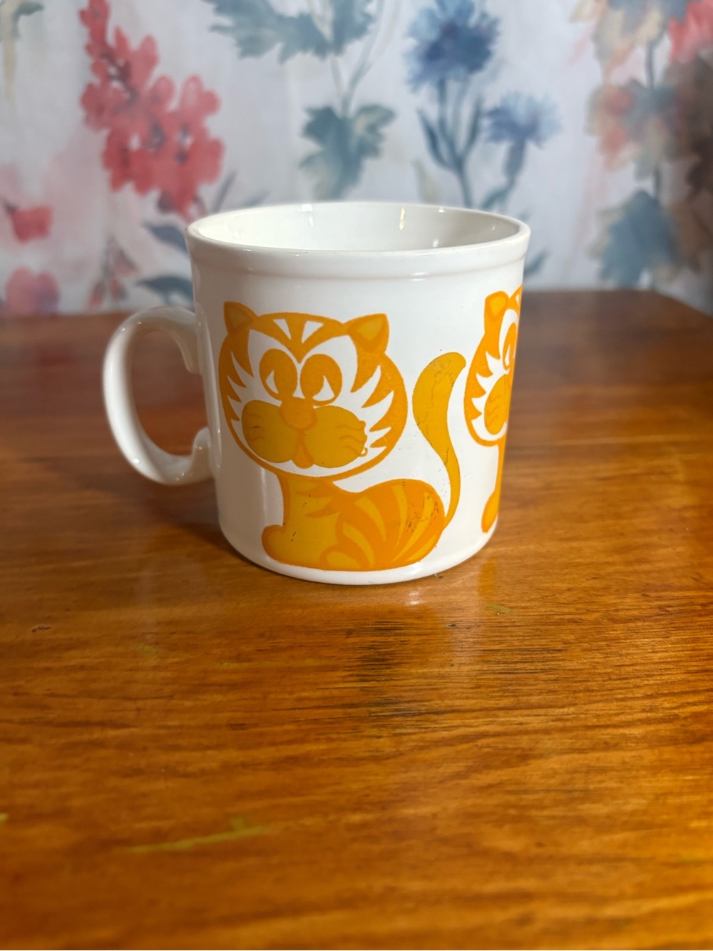Vintage White Ceramic Mug with Orange Cat Illustration